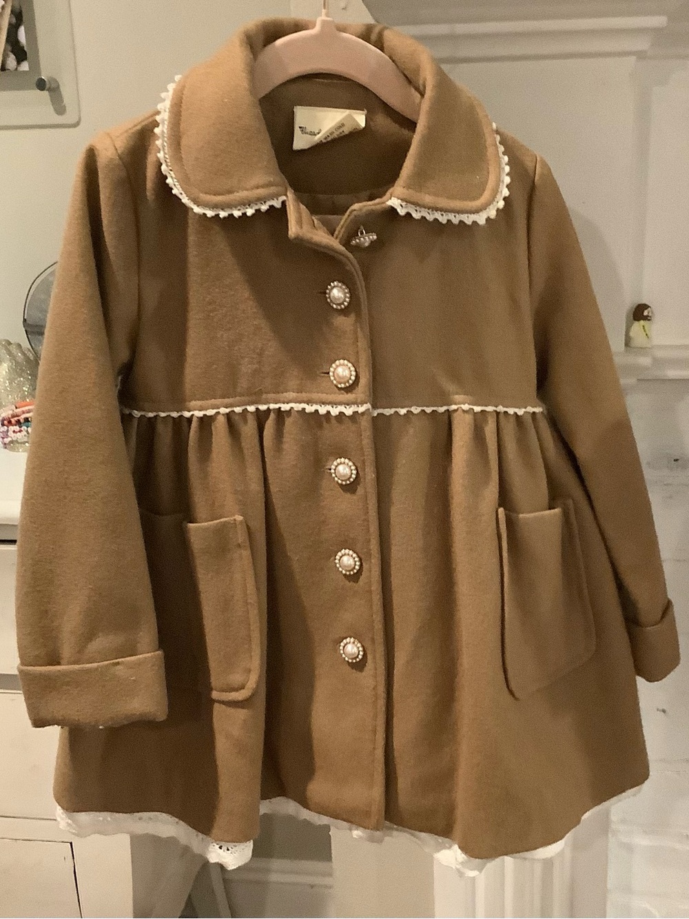 Eliza J Girls' Camel Peacoat with Pearl Buttons and Lace Trim